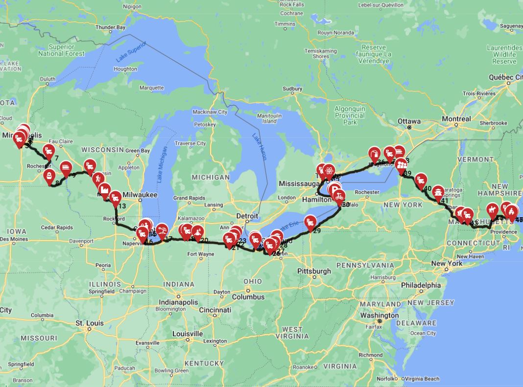 Motorhome route planner for an RV trip from Minneapolis to Boston